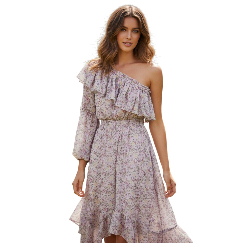 Lush Maxi One Shoulder Dress S Pink Floral Asymmetrical Cottagecore Tea Party